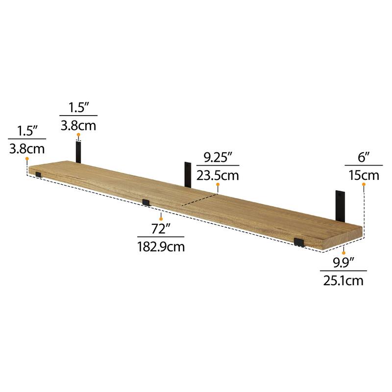Wallniture Forte Wood Board 72" Long, 9.25'' Deep, 1.5" Thick, Floating Bookshelf for Wall, Hanging Shelf Living Room Decor, 1Pc