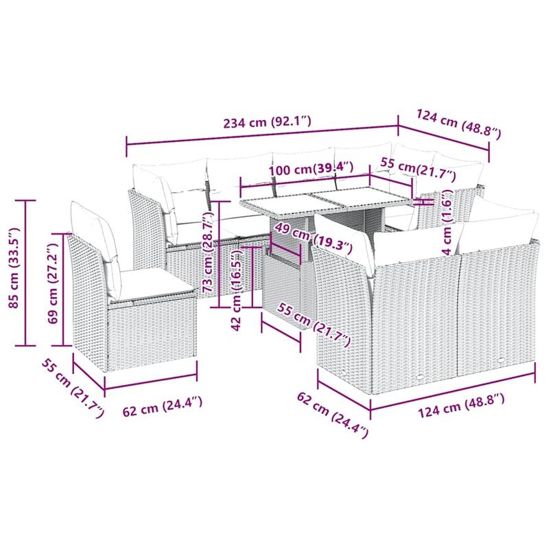 9-Piece Modular Patio Sofa Set with Cushions - 21.7 x 39.4 x 28.7 in