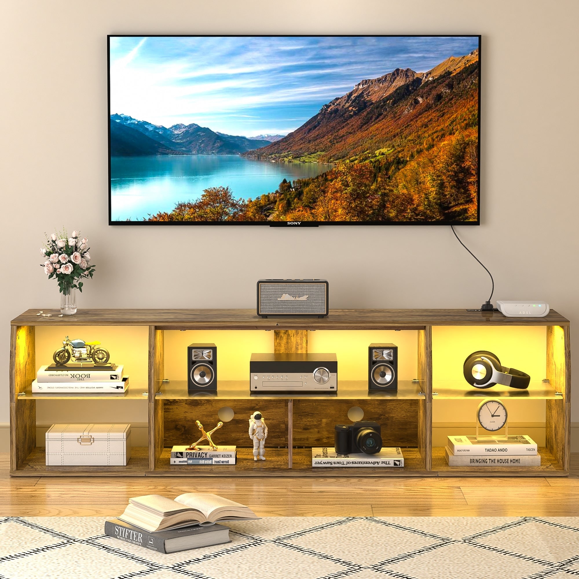 VECELO TV Stand with LED Light Industrial Entertainment Center with 7 Open Storage