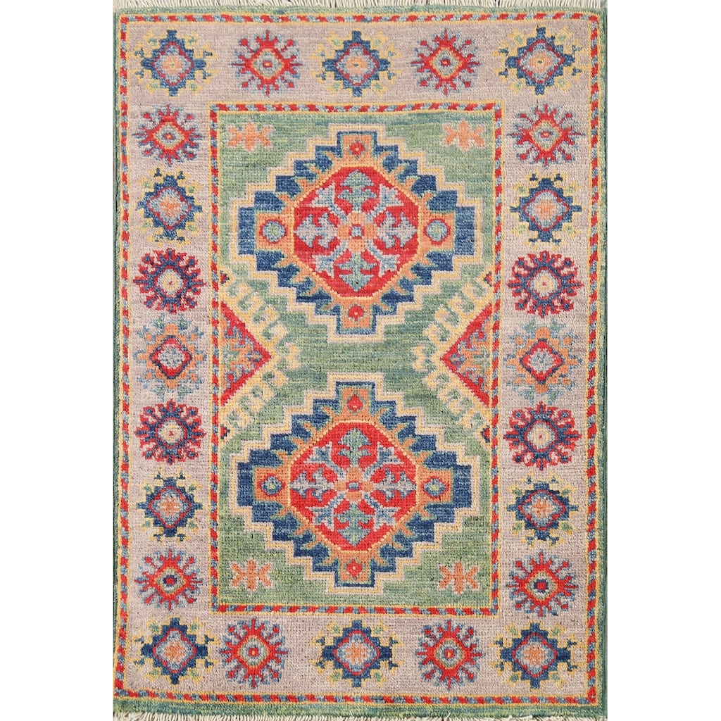 Green Geometric Kazak Accent Rug Hand-Knotted Wool Carpet - 2'0"x 2'11"
