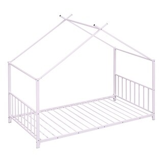 Twin Size Metal House Platform Bed with Solid Metal Legs, Pink
