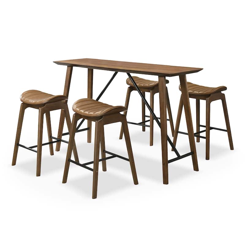 Furniture of America Nallin Mid-Century Modern 5-Piece Walnut Wood Counter Height Dining Table Set
