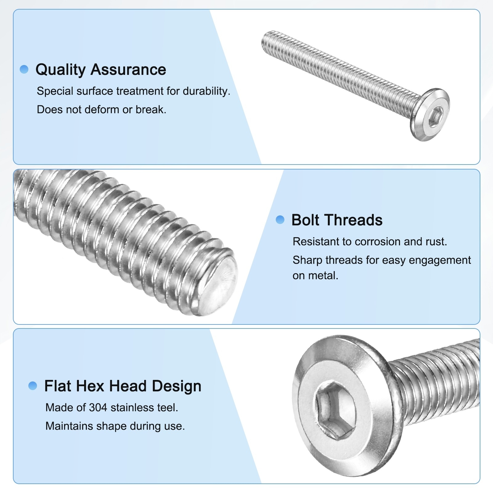 Flat Head Socket Cap Screws 304 Stainless Steel Hex Drive Fastener Kit with Hex Key - Silver