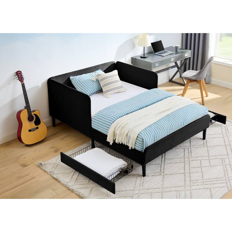 Upholstered Storage Bed - Velvet Platform Frame with 2 Built-In Drawers, Adjustable Sofa Bed in Black