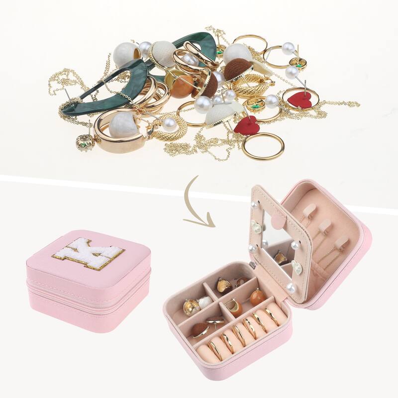 Travel Jewelry Box with Mirror for Women Girls Gifts, Mini Portable PU Leather Jewelry Organizer Case Storage Display Holder - K