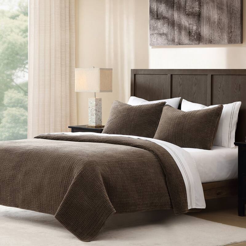 HiEnd Accents Stonewashed Cotton Velvet Traditional Bedding 3 Piece Quilt Set with Pillow Shams - Brown - King