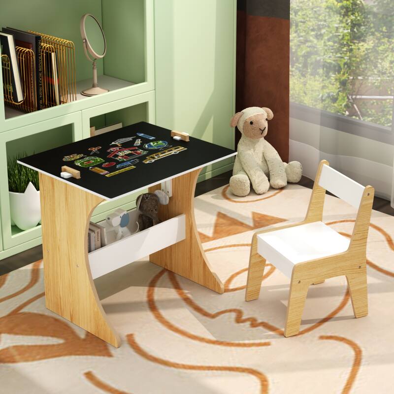 Kids Table Set (1 Chair), Multifunctional Solid Wood Desk - Convertible Top for Learn/Draw/Play, Natural Wood - 22*23*19