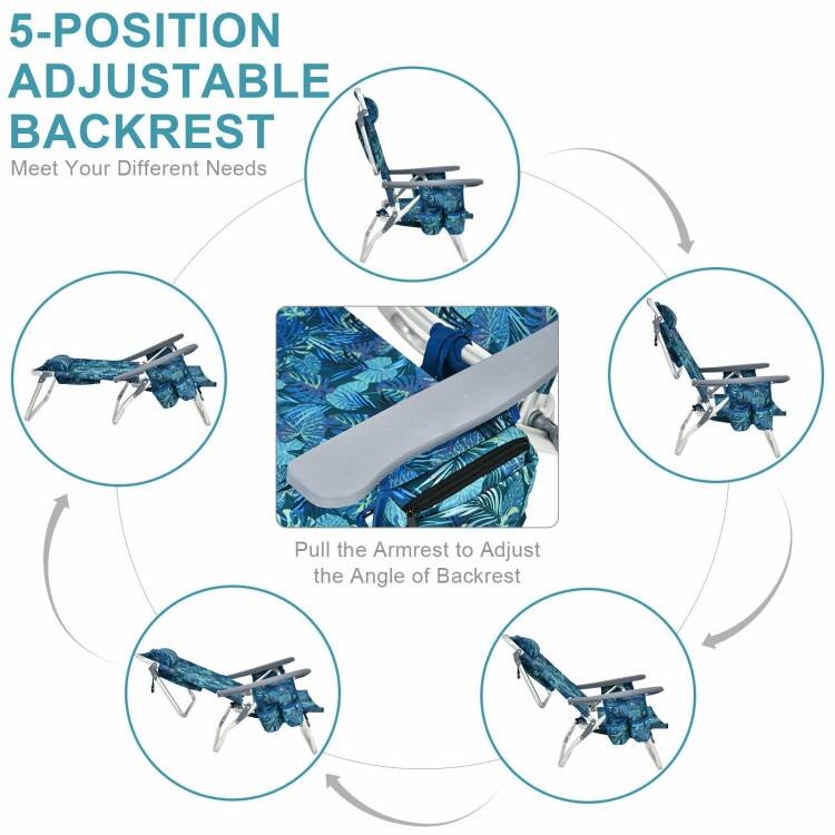 4-Pack 5-Position Outdoor Folding Backpack Beach Reclining Chair with Pillow - 23.5" – 40" x 27" x 33" – 11" (L x W x H)