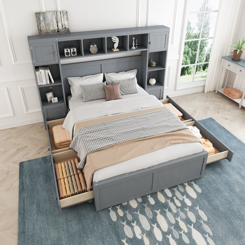 Full Size Wood Bed with All-in-One Cabinet and Shelf - Grey
