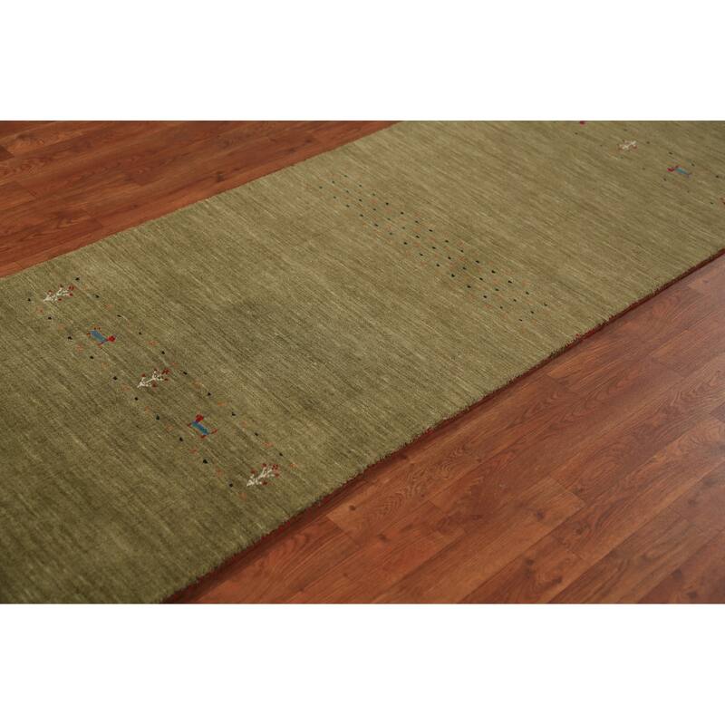 Green Gabbeh Oriental Runner Rug Hand-Knotted Wool Carpet - 2'8" x 10'1"