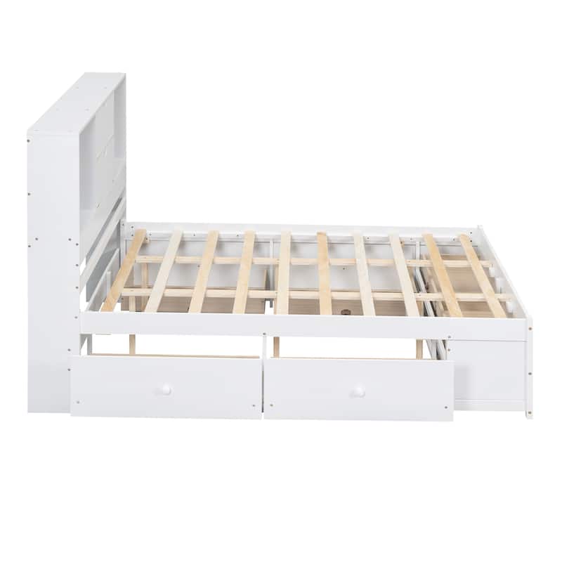 Queen / King Platform Bed with Storage Headboard and 8 Drawers Sturdy Pine Wood Construction