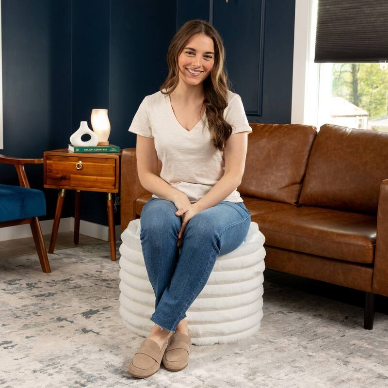 Plush Faux Fur Ribbed Pouf Ottoman - 22" - Cream