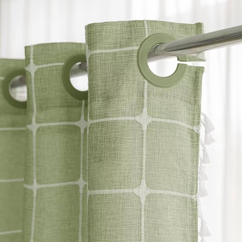 No Hooks Linen Textured Geometric Tassels Shower Curtain with Snap-in Liner