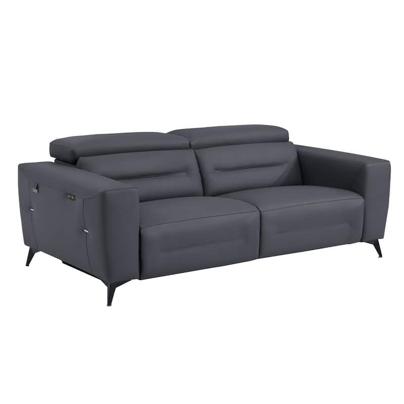 HomeRoots 83" Gray Italian Leather USB Reclining Sofa With Black Legs