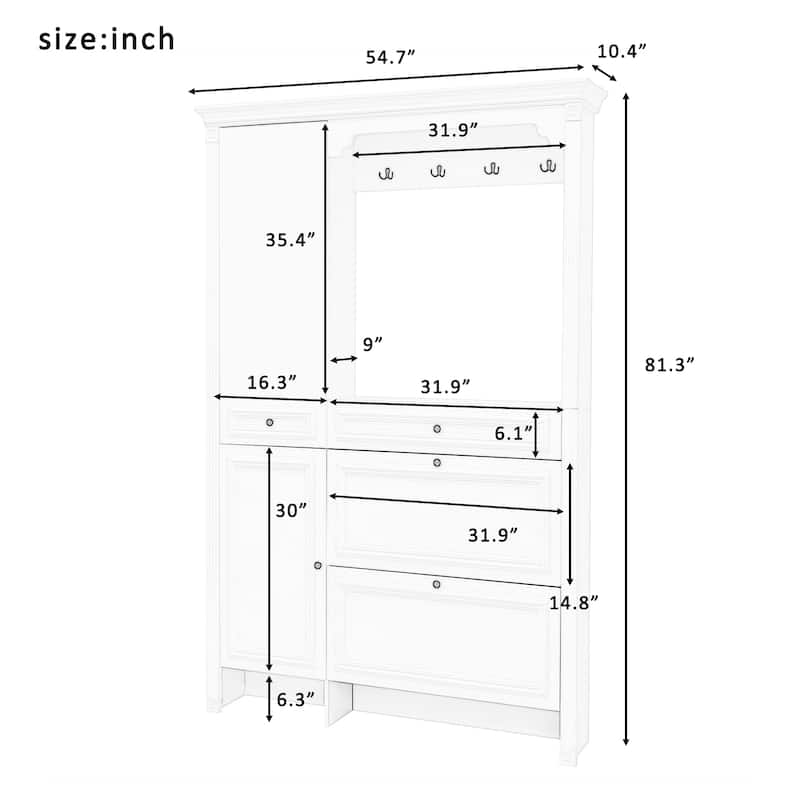 54.7" Hall Tree with Mirror, Coat Hooks, Bench & Shoe Cabinet, 4-in-1 Entryway Organizer with 2 Flip Drawers, 2 Cabinets