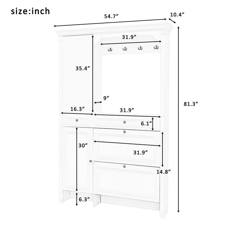 54.7"L Hall Tree with Integrated Shoe Cabinet and Mirrored Cabinet Door