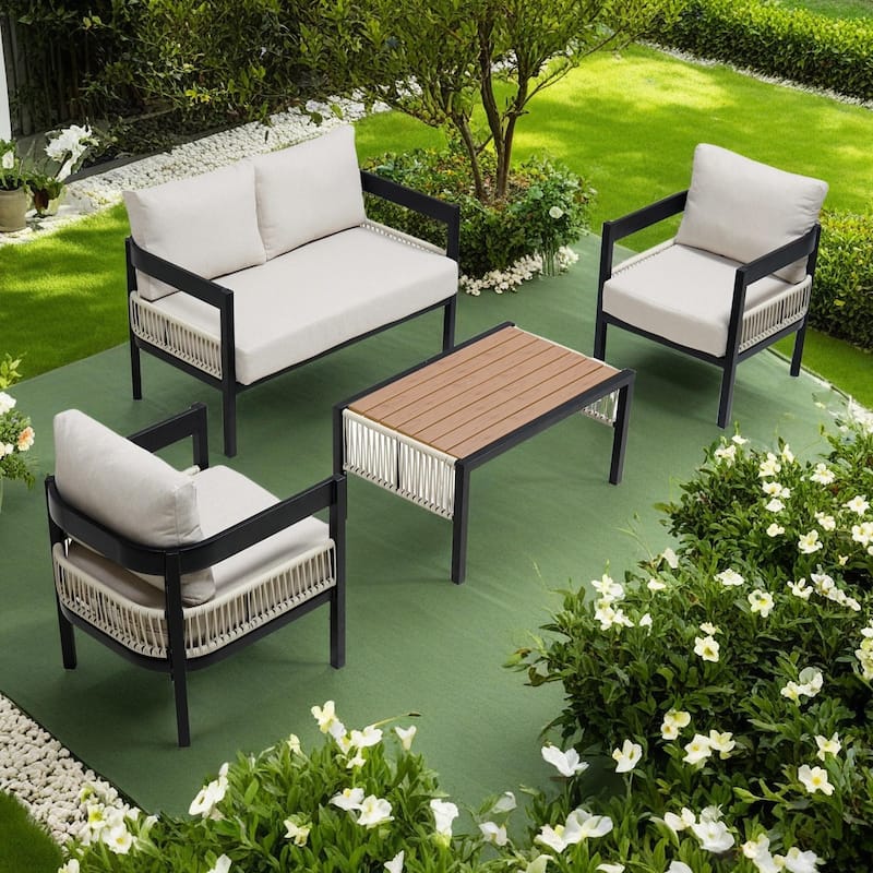 4-Piece Outdoor Iron Cnversation Sofa Set with Coffee Table, Rattan Decoration - Beige
