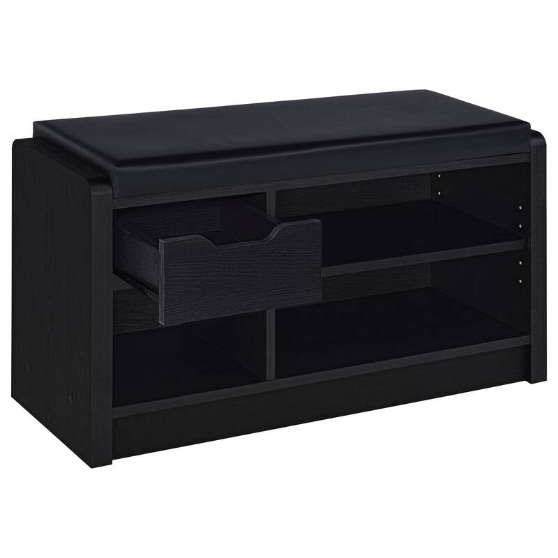 Aryn Storage Bench with Adjustable Shelf, Black Faux Leather, Black