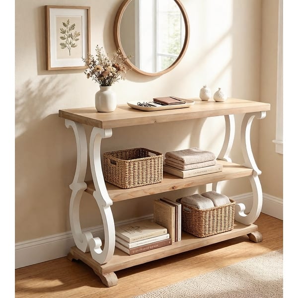 slide 2 of 5, 3 Tier Wood Console Table with Curved Legs, Brown and White, 35.4" L x 15" D x 30.2" H - 35.4" x 15" x 30.2"