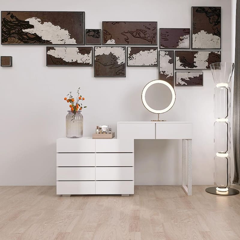 Modern Handleless Dressing Table with 10 Drawers and Extended Tabletop, for Bedrooms and Living Rooms