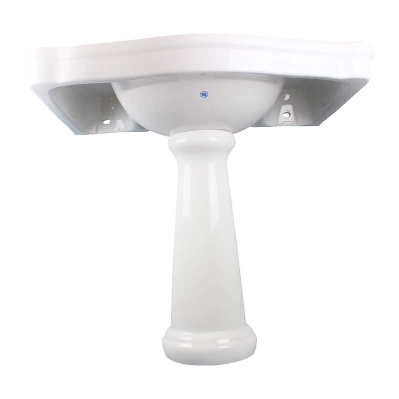 White Bathroom Pedestal Sink with Overflow and 8" Black Widespread Faucet Renovators Supply