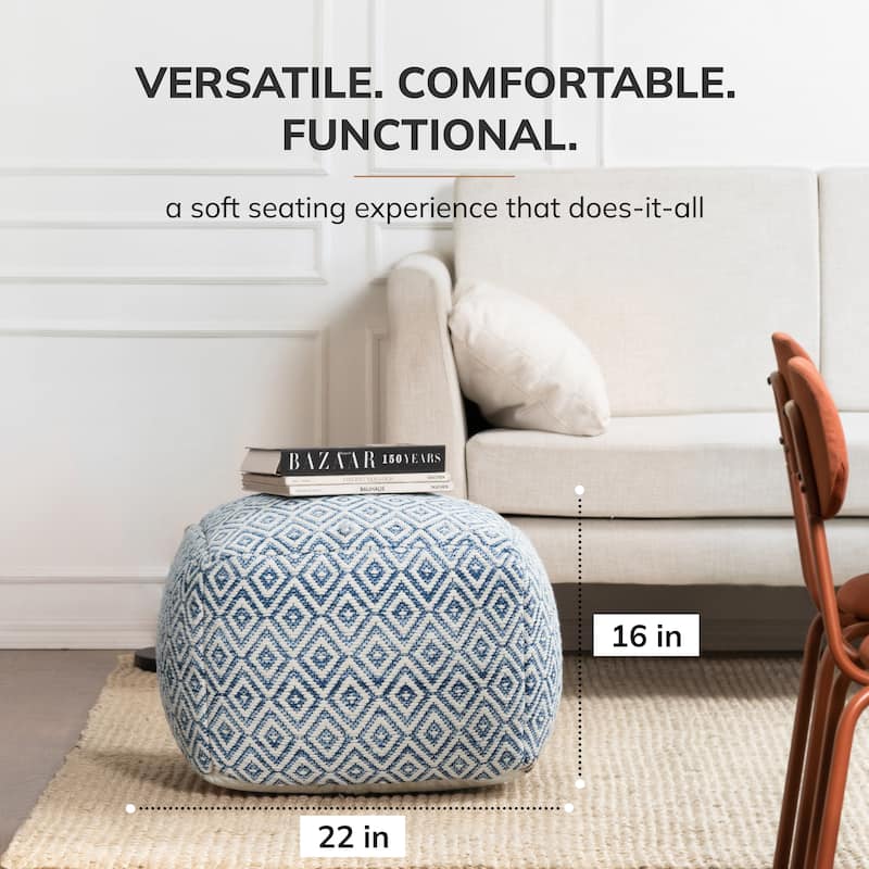 Jani Cherokee 22 x 22 x 16 Square Gray/Black Pouf Ottoman - Handmade Footrest for Living Room, Bedroom