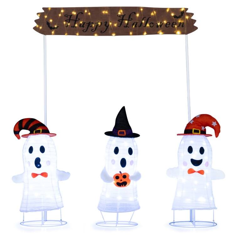 White-Brown Metal Fabric 4-Piece Halloween Ghost Set with LED Lights Outdoor Stakes