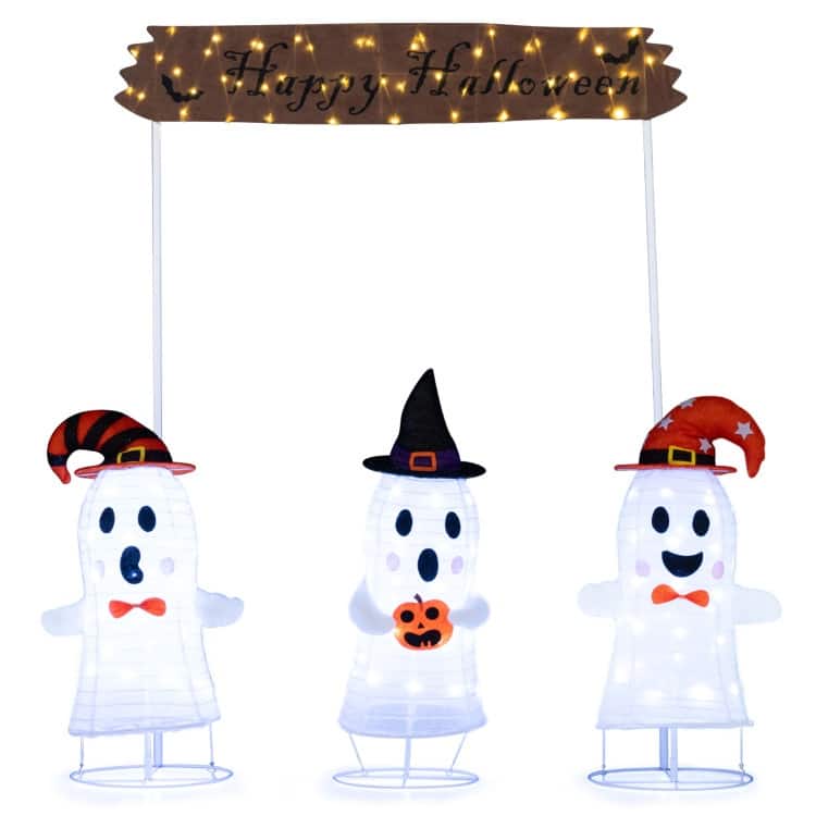White-Brown Metal Fabric 4-Piece Halloween Ghost Set with LED Lights Outdoor Stakes