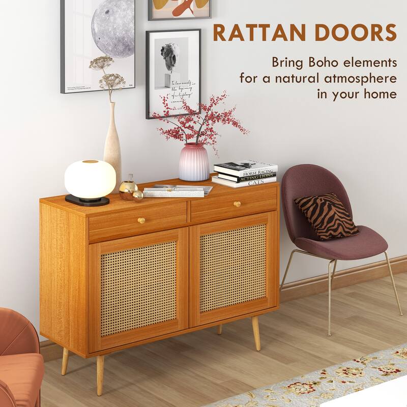 Rattan Doors Kitchen Cabinet with 2 Drawers and Adjustable Shelf