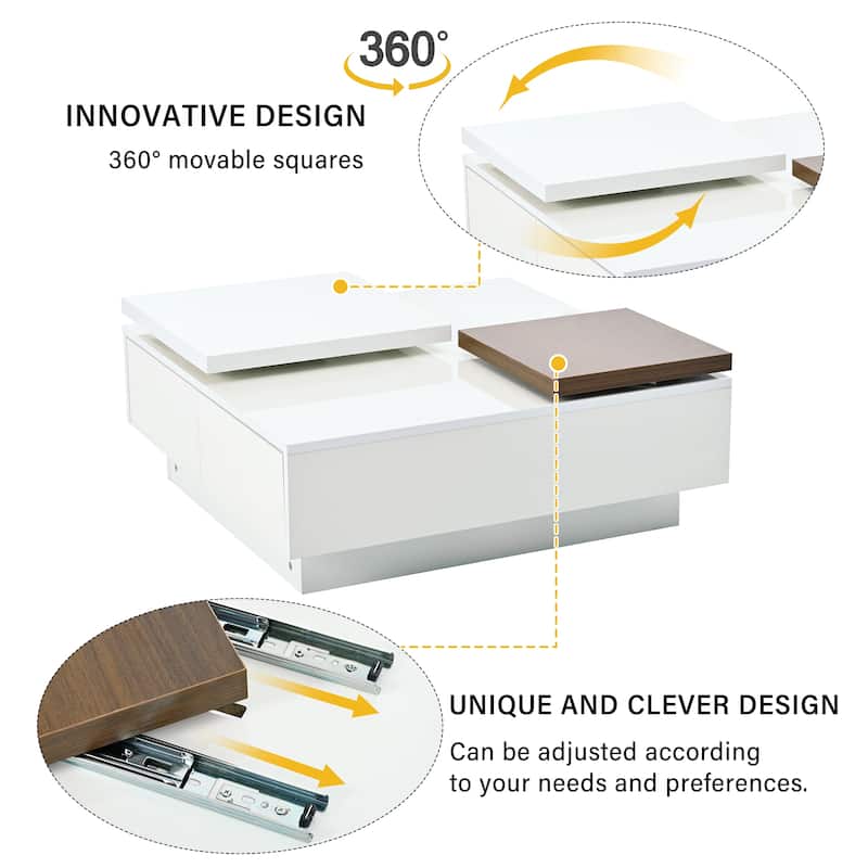 Movable Top Coffee Table with High Gloss finish - 31.5'' D x 31.5" W x 13.2" H