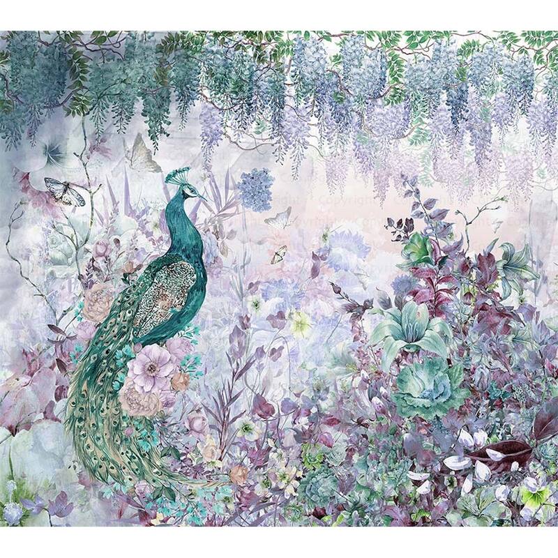 Peacock Wallpaper Mural with Floral and Wisteria Accents