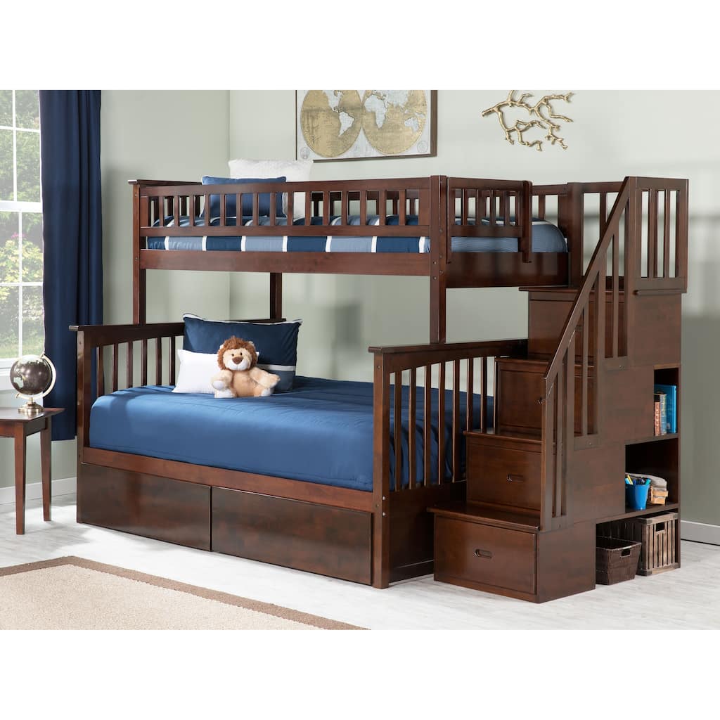 AFI Columbia Twin over Full Size Staircase Bunk Bed with Bed Drawers & Charging Station in Walnut