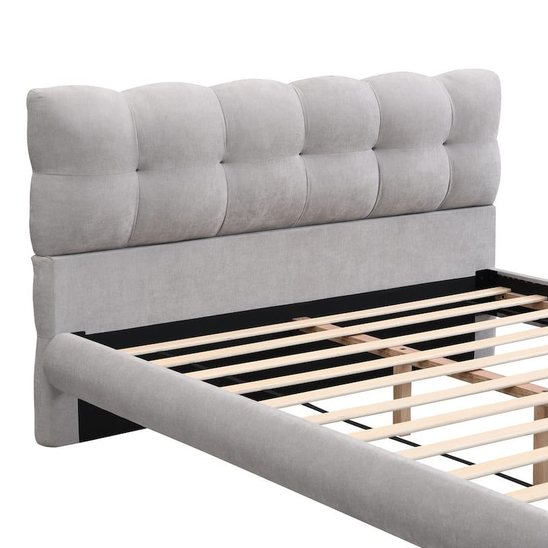 Curved Frame Platform Bed with Cookie-Shape Headboard, Upholstered Bed