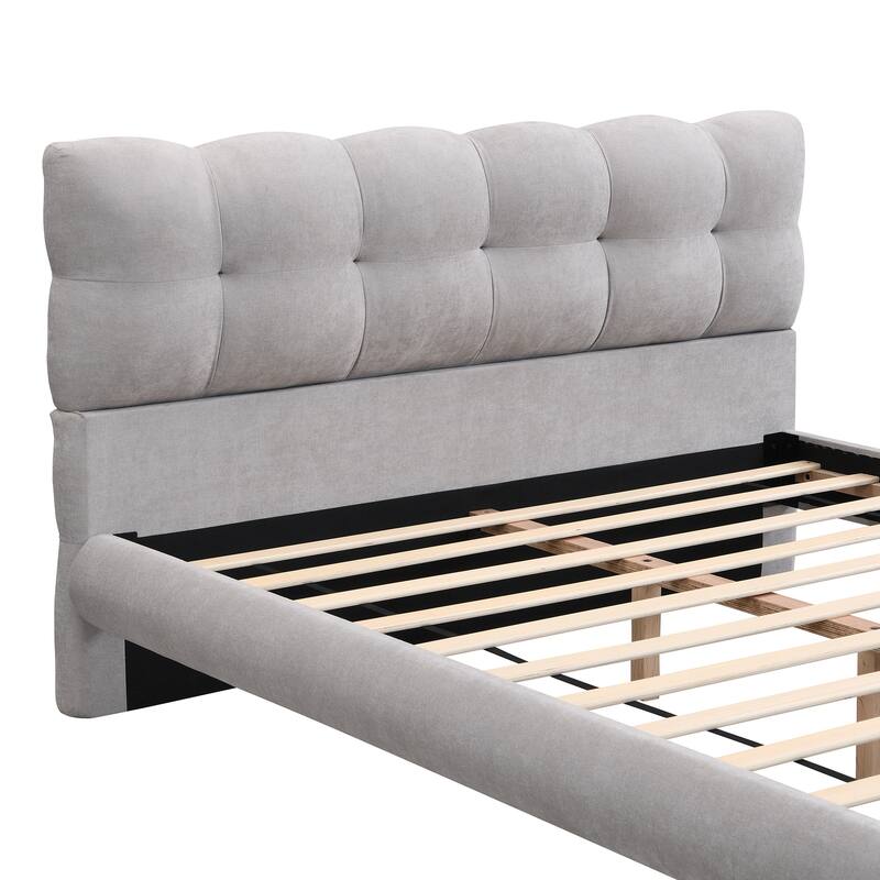 King Size Chenille Upholstered Platform Bed with Unique Curved Headboard, Grey Fabric, Sturdy Rubber Wood Frame, Easy Assembly