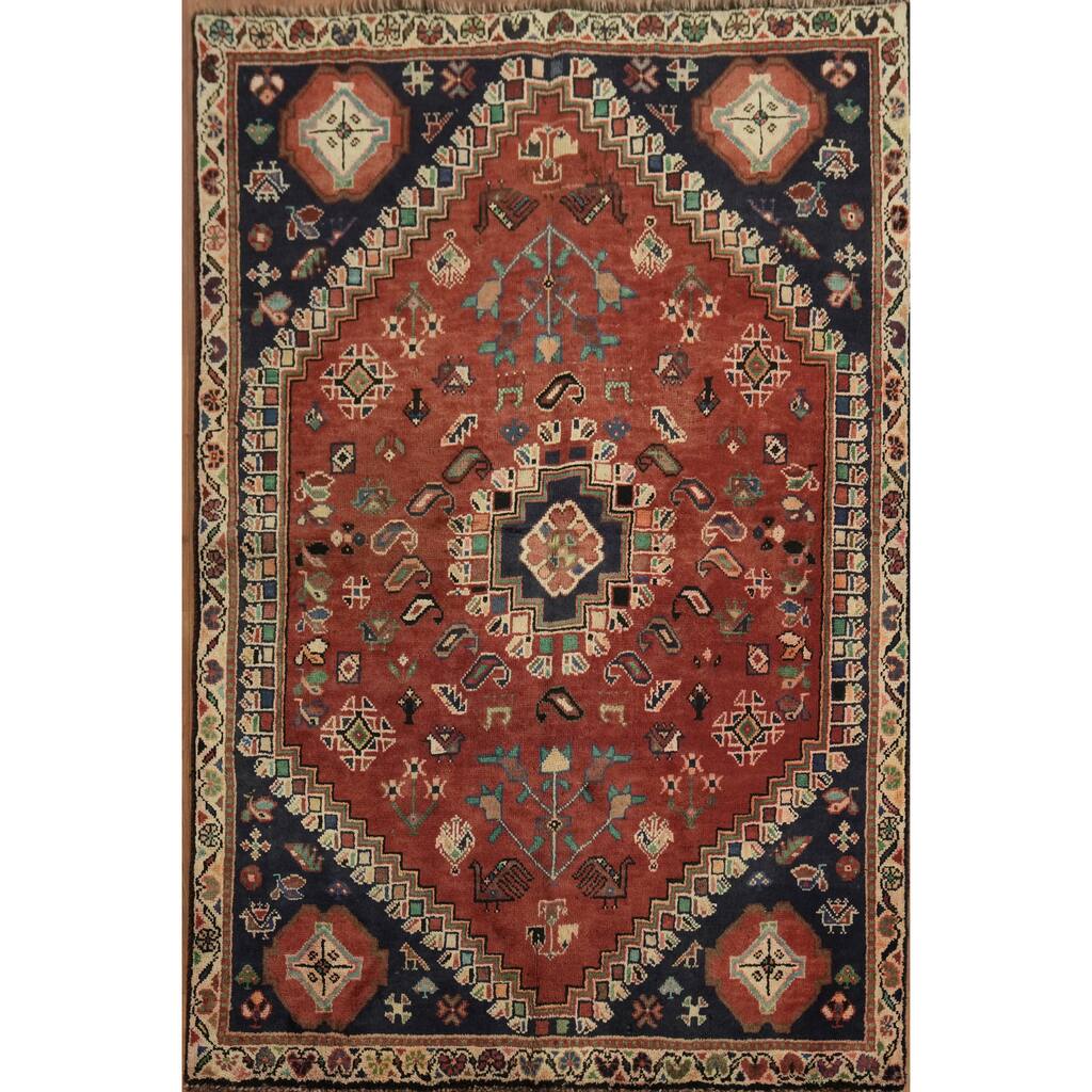 Hand Knotted Oriental 100% Wool Carpet Traditional Tribal Red Shiraz Area Rug - 5' 6'' X 3' 8''