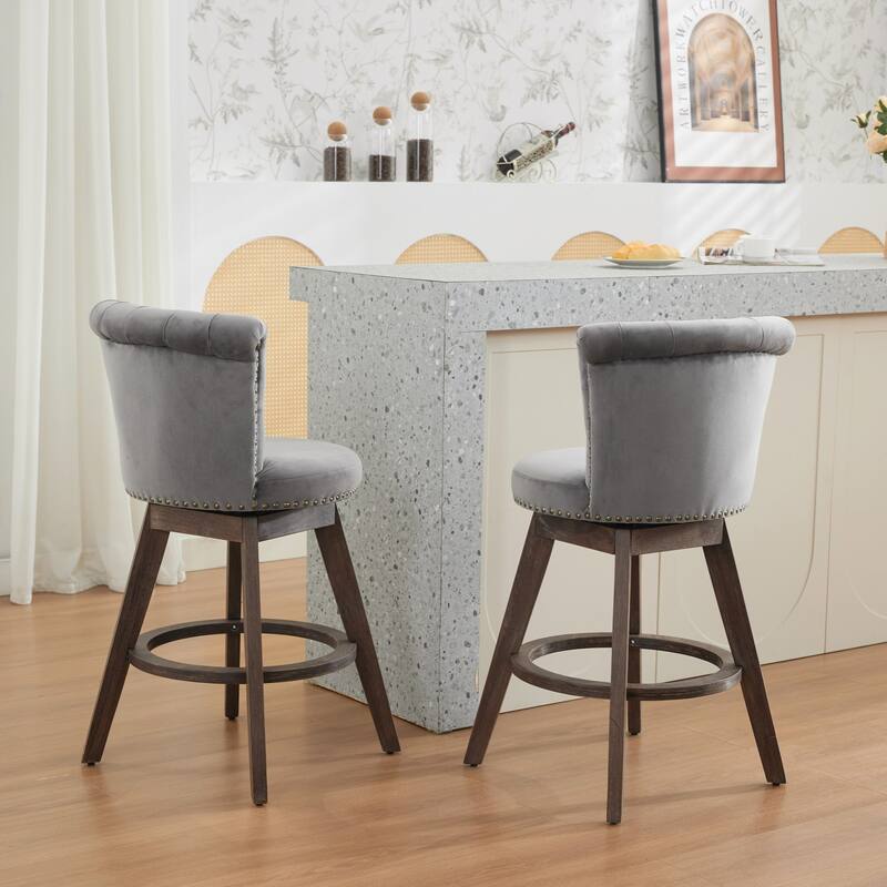 Velvet Upholstered Counter Height Bar Stools Set of 2, Tufted Button Swivel Bar Stools, Kitchen Counter Stools with Wood Legs
