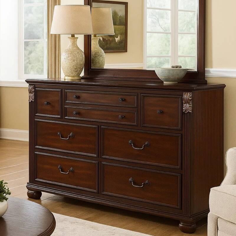 Miri 59 Inch 8 Drawer Dresser, Brass Carved Trim Accents, Cherry Oak Brown