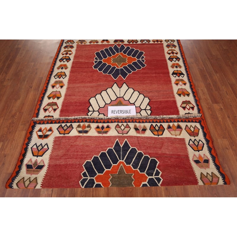 Kilim Qashqai Persian Vintage Rug Flatweave Red Tribal Wool Carpet - 5'2"x 8'0"