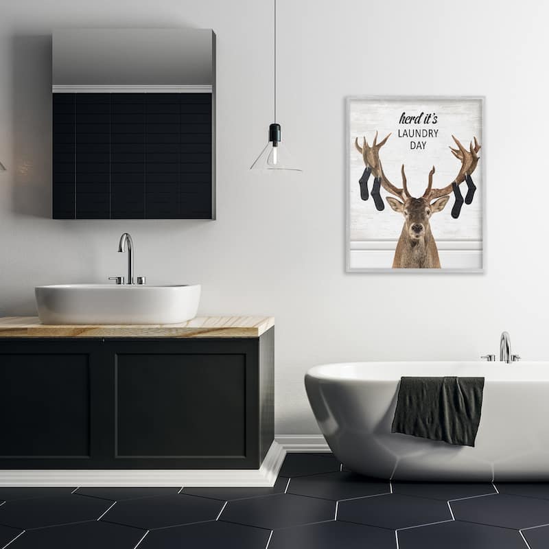 Stupell Laundry Elk with Hanging Socks Framed Giclee Art Design By Lettered and Lined