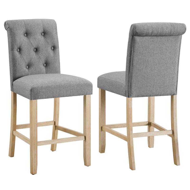 Counter Height Button Tufted Back Solid Wood Stools, Set Of 2 - Grey