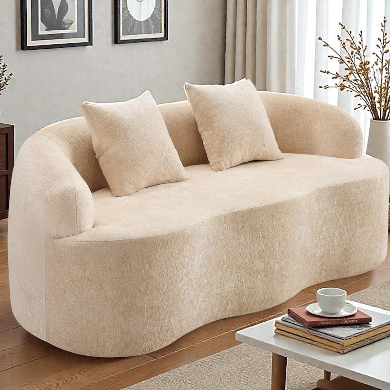Curved Loveseat Sofa with Round Armrests, Compression Couch with 2 Pillows, Cream No Assembly Sofa