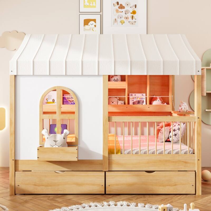 Full Size House Bed with 2 Drawers, Side Bookshelf with LED Strip