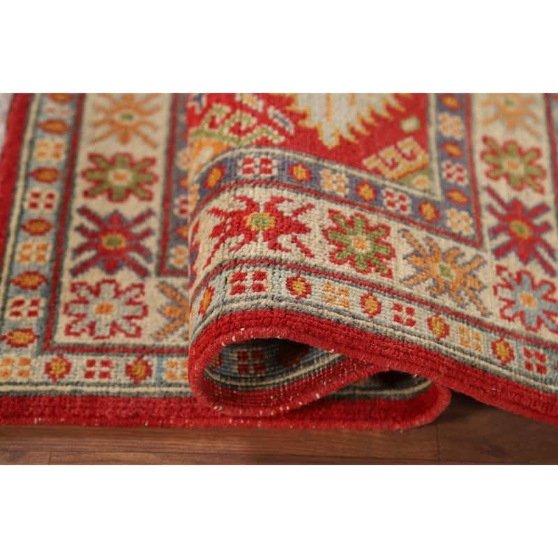 Geometric Kazak Oriental Foyer Rug Handmade Red Wool Carpet - 2'0" x 2'11"