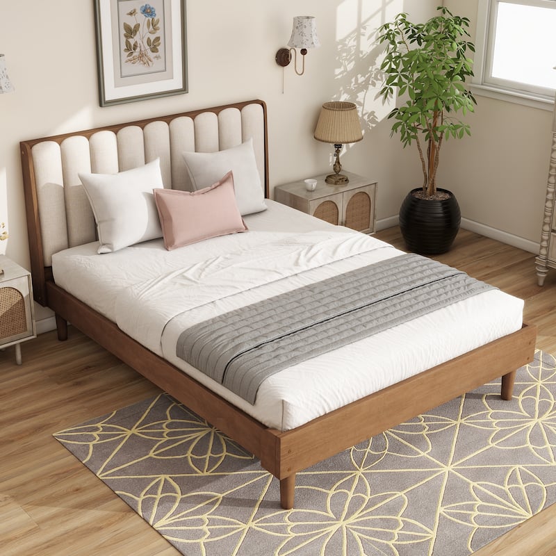 Queen Size Wood Bed with Piano Key Style Upholstered Headboard - Wheat