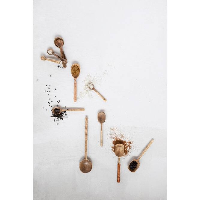 Mango Wood Spoons with Bamboo and Leather Wrapped Handles, Set of 3 in Printed Drawstring Bag