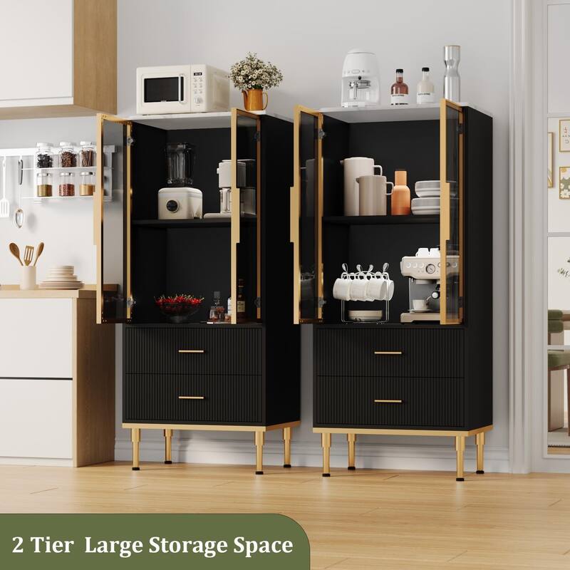 Pantry Cabinet, Freestanding Kitchen Storage Cabinet with Glass Door and 2 Drawers, Modern Kitchen Cupboard with 2