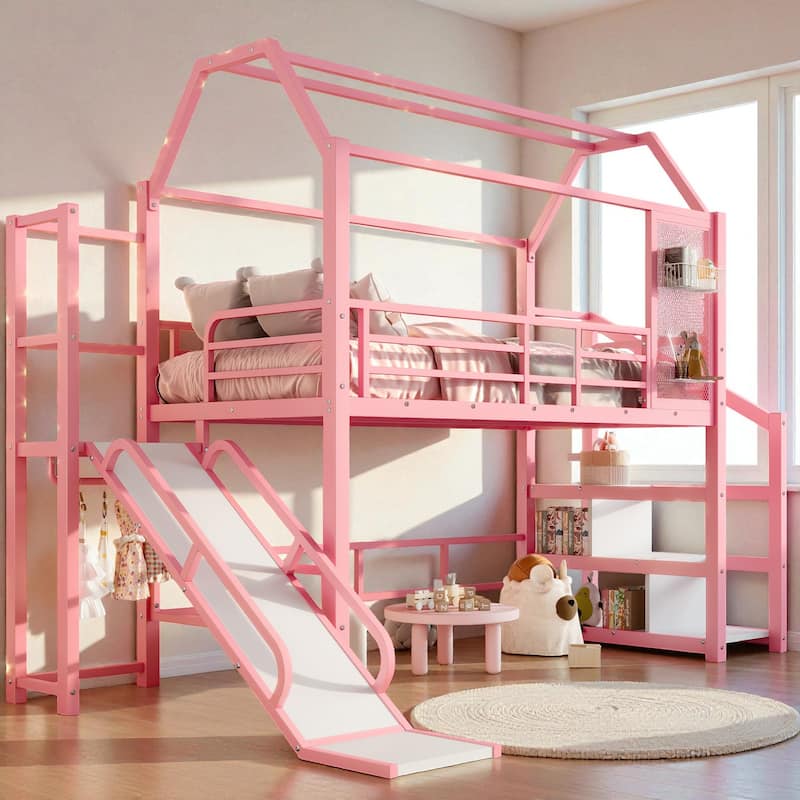 Twin/Full Metal House Loft Bed with Slide and Stairs, Kids Playhouse Bed with Roof, Storage Shelves & Guardrails