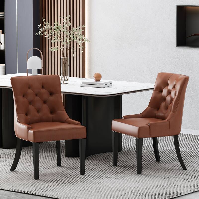 Dining Chairs Set of 2, Tufted Faux Leather Dining Room Chairs with Wood Legs, High-Backed Upholstered Chairs for Kitchen
