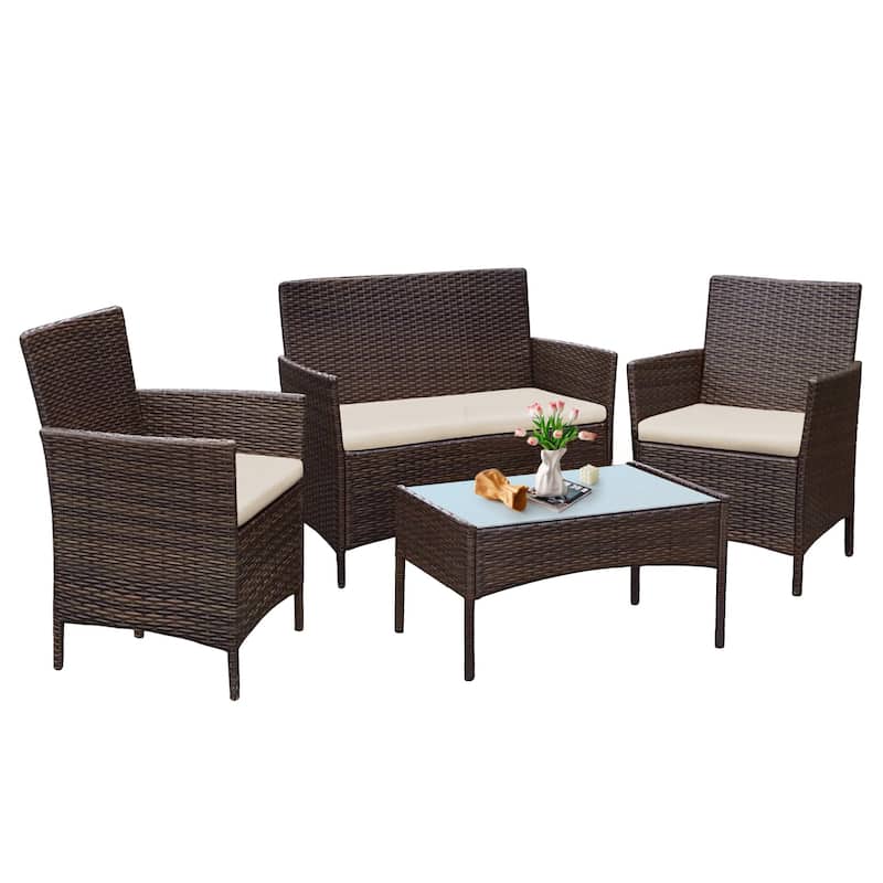 4 Piece Outdoor Patio Furniture Set With Cushions, Patio Wicker Conversation Set & Glass Coffee Table