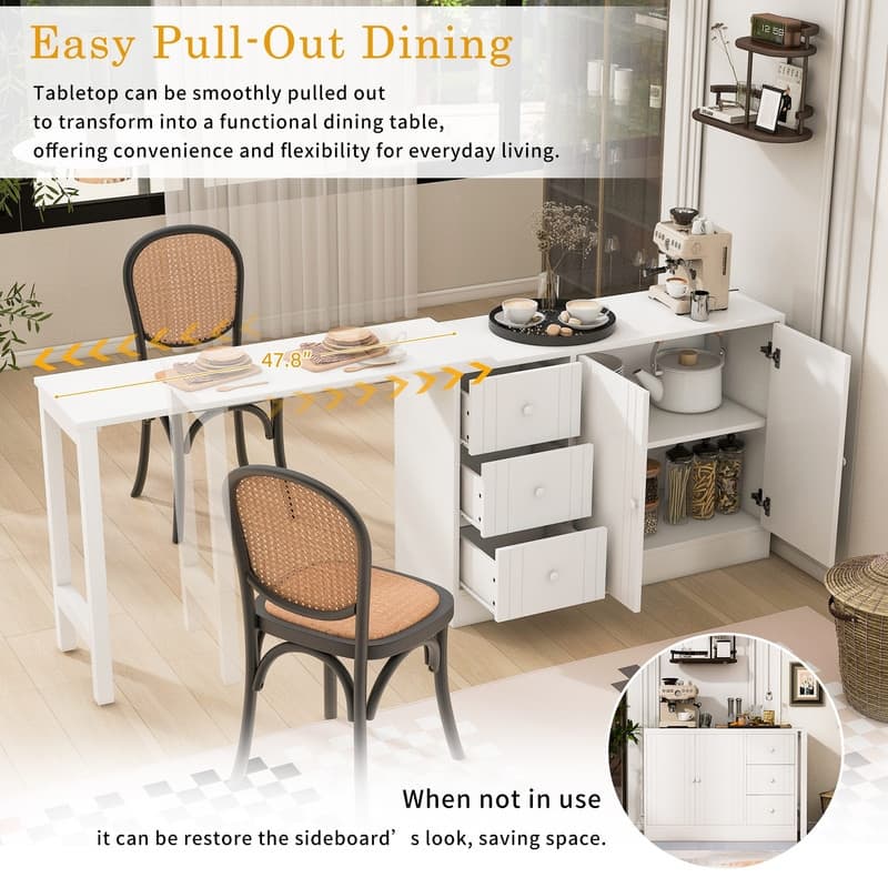 Multifunctional 89.7" Wooden Sideboard with Extendable Table and Storage for Living Room Organization